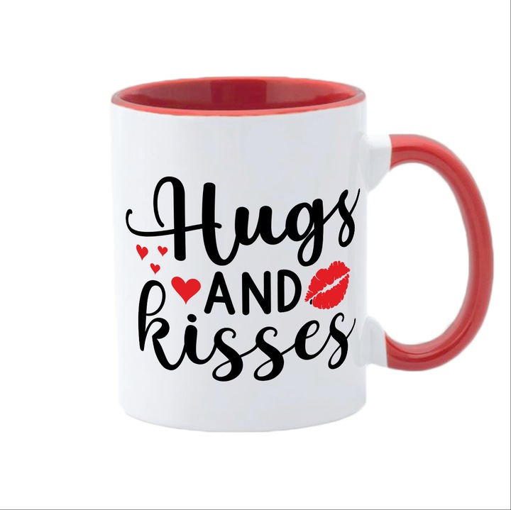 Cana alba personalizata, interior rosu si maner rosu, Colectia Valentine's Day, Hugs and kisses Model 1, 350 ml