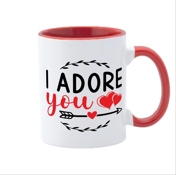 Cana alba personalizata, interior rosu si maner rosu, Colectia Valentine's Day, I adore you, 350 ml