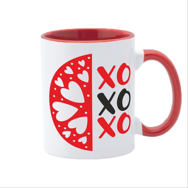 Cana alba personalizata, interior rosu si maner rosu, Colectia Valentine's Day, XOXO, 350 ml