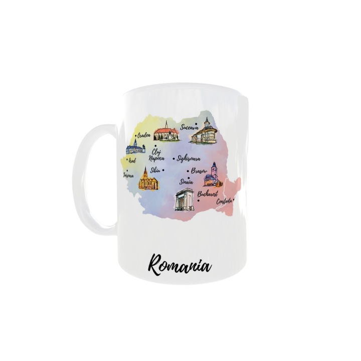 Cana alba din ceramica, personalizata cu Harta Romaniei turistica, INOVATIX, 330 ml