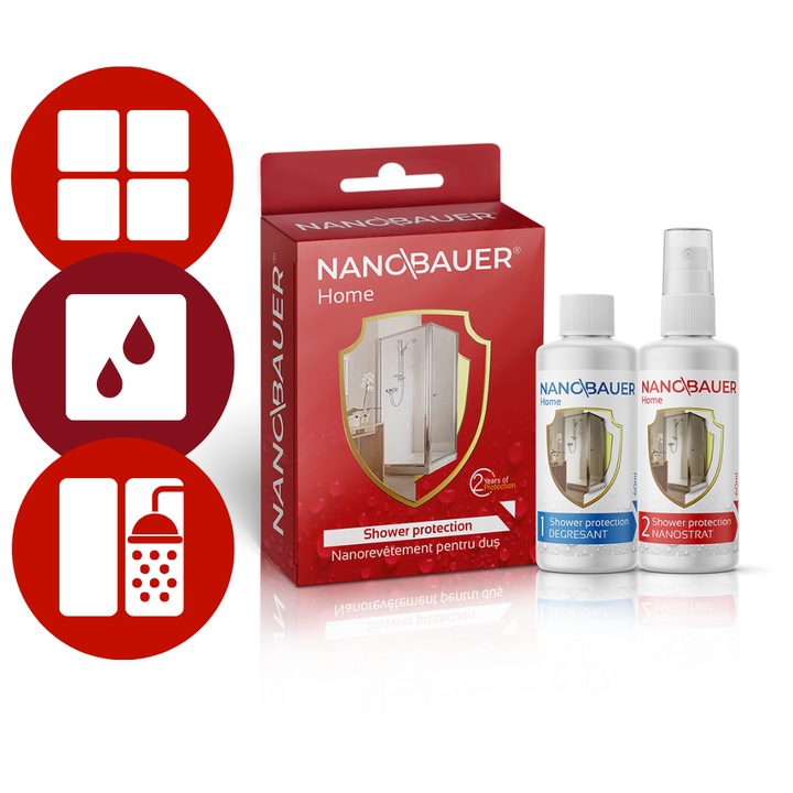 Lichid, impregnant, Solutie de Impermeabilizare, strat hidrofob pentru cabina de dus din sticla, protectie impotriva depunerilor de calcar, mentine cabina curata pe termen lung Nanobauer Shower Protect 60ml