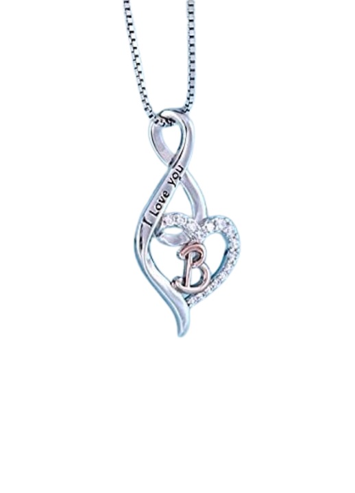 Colier femei Starchenie cu pandantiv in forma de inima, litera B, din argint sterling925, aur alb si zirconiu cubic
