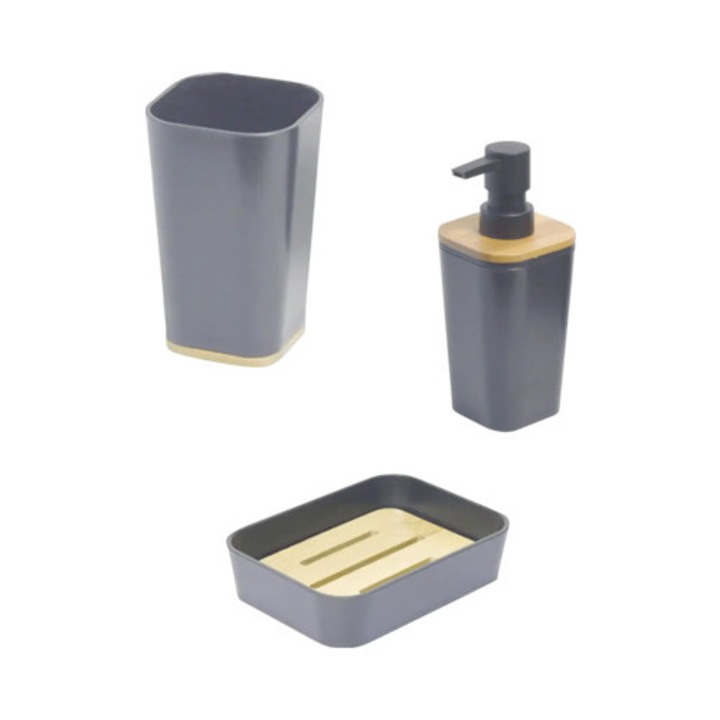 Set Dozator Sapun Lichid, Sapuniera Si Pahar Plastic-bambus Negru