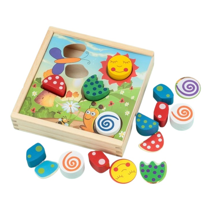 Joc educativ, Puzzle din lemn cu 18 piese inserabile, Graph Intelligence box, 3 ani+, Edujucarii