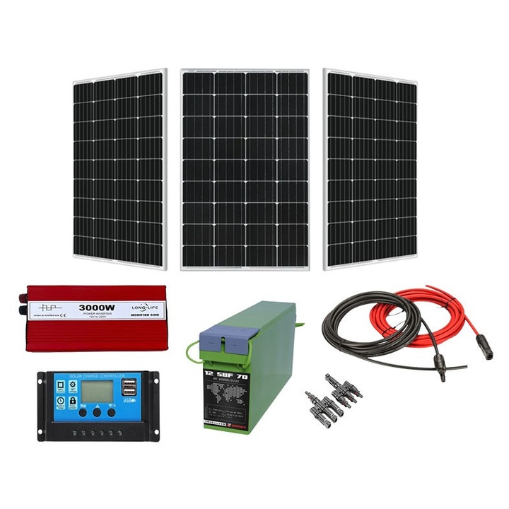 Kit solar fotovoltaic off grid Solid Volt, invertor 3000W 12V, 3 panouri solare 70W, regulator/ controller 30A, baterie solara 70Ah AGM si 20 m cablu solar cabana, rulota, casa, autorulota, container, iluminat