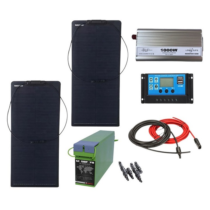Kit solar fotovoltaic off grid 220W, Solid Volt, invertor 1000W 12V, 2 panouri solare semiflexibile 110W, regulator/ controller 30A, baterie solara 70Ah AGM si 20 m cablu solar cabana, rulota, casa, autorulota, container, iluminat