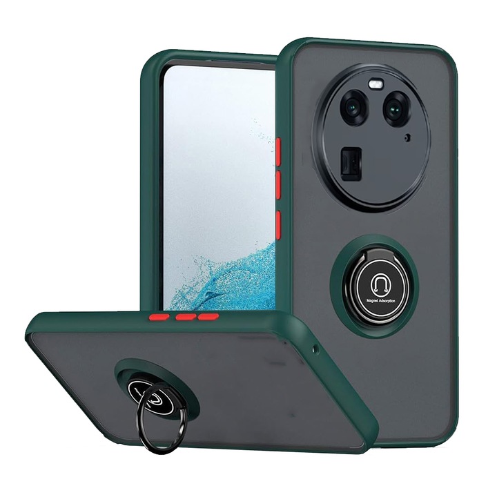 Matte Ring Grip Cover, Съвместим с Oppo Find X6 Pro, Antisoc Armor, въртящ се на 360 градуса пръстен, Вграден опорен магнит за кола, Тъмнозелен