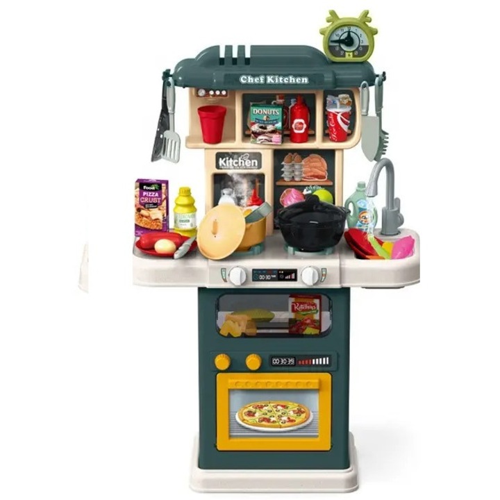 Bucatarie pentru copii WePro Store, circuit de apa real, cuptor si plita, sunete si lumini, accesorizata complet, 64 piese, Verde, 3 ani +