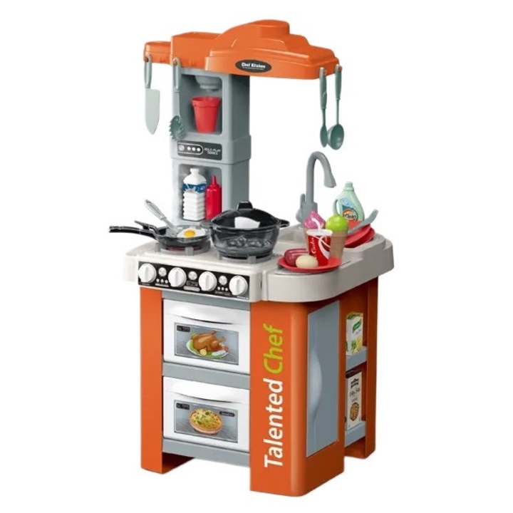 Bucatarie pentru copii WePro Store, circuit de apa real, cuptor si plita, sunete si lumini, accesorizata complet, Portocalie, 3 ani +
