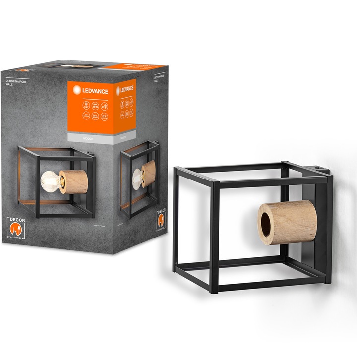 Aplica Ledvance Décor Nairobi, E27, max. 15W LED, IP20, 170x227x170 mm, montaj aplicat, otel, Negru