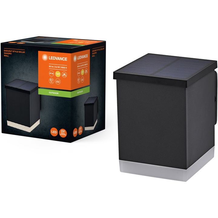Външен аплик Ledvance Endura Quadro, Със соларен заряд, 0.5W, 50 lm, Топла светлина (3000K), IP44, 85x110x115 мм, Правоъгълна форма, Ni-MH батерии, Сив