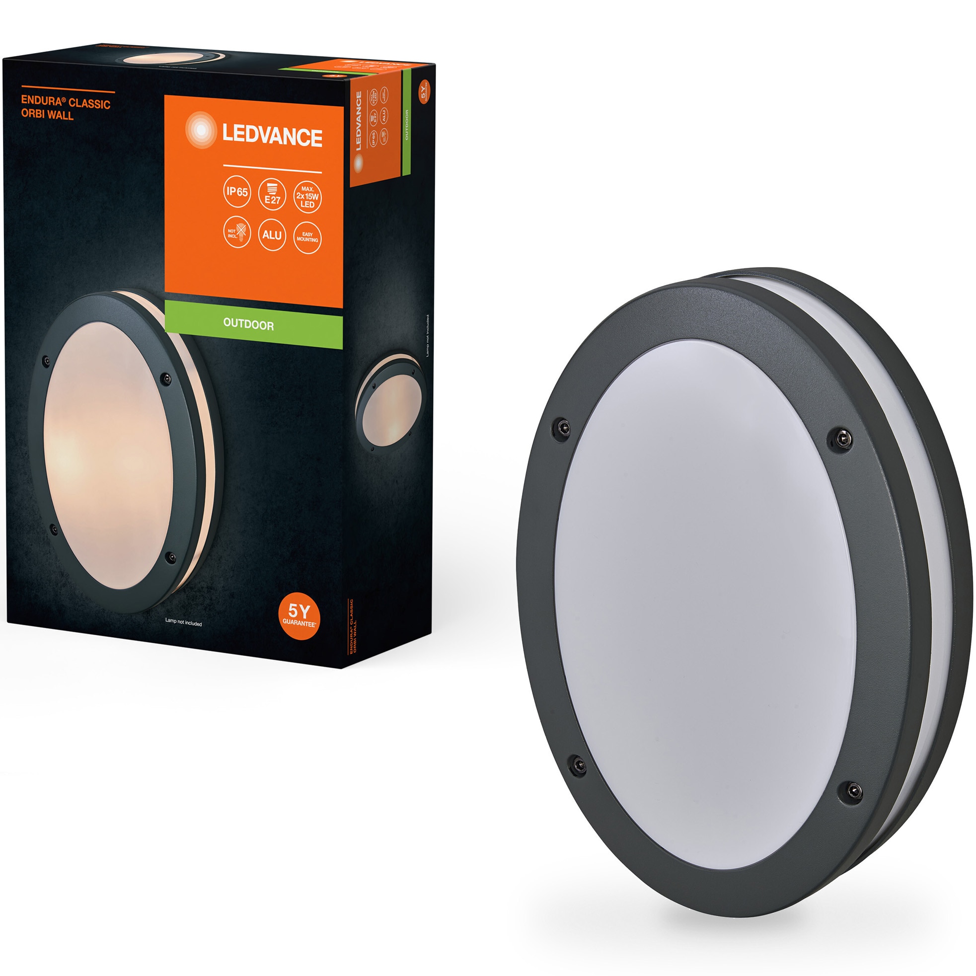 Aplica de exterior Ledvance Endura Orbi, 2xE27, max. 2x15W LED, IP65, 200x90x290 mm, aluminiu/policarbonat, forma ovala, Gri inchis