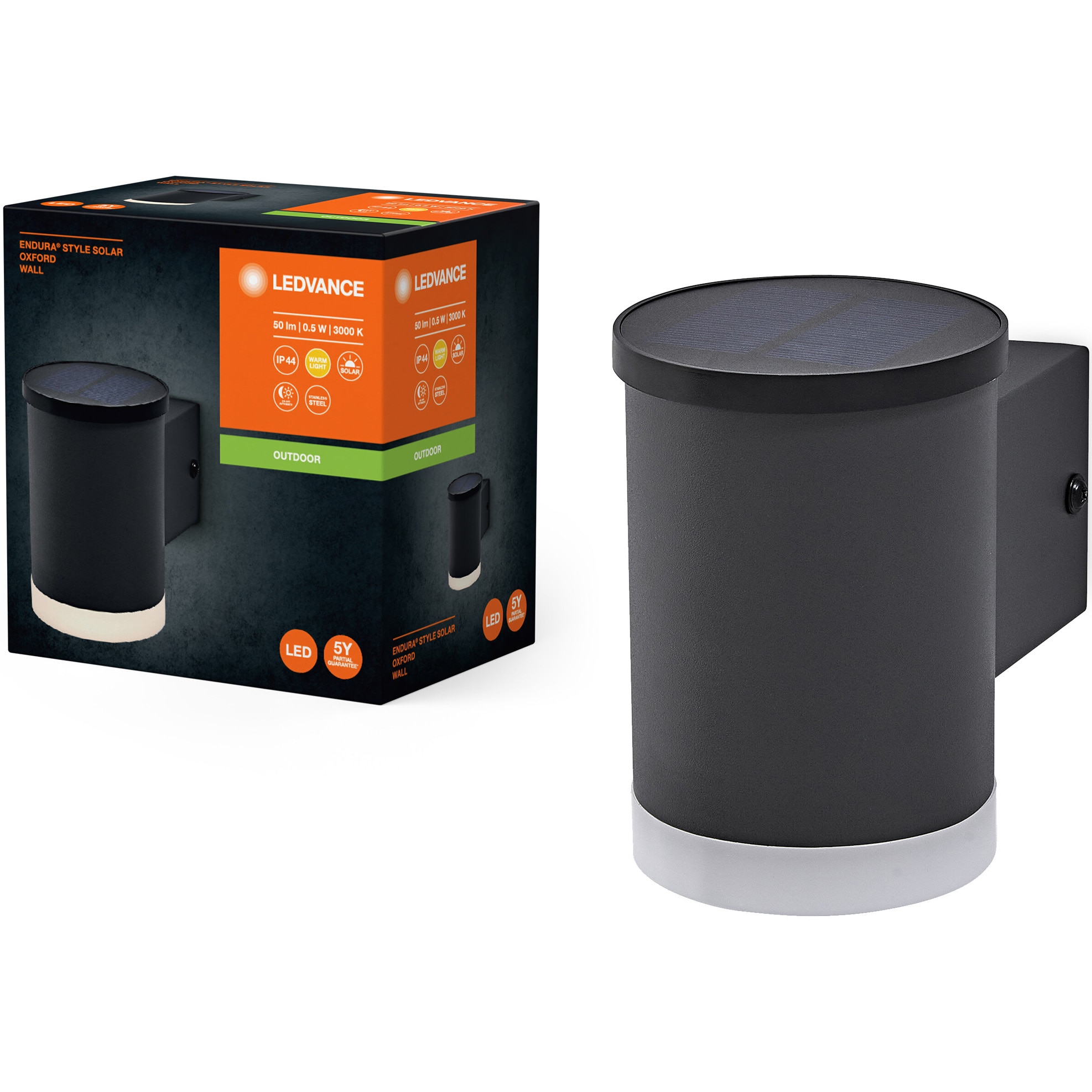 Aplica de exterior Ledvance Endura Oxford cu incarcare solara, 0.5W, 50 lm, lumina calda (3000K), IP44, 81x115x115 mm, forma ovala, acumulatoriNi-MH, Gri inchis