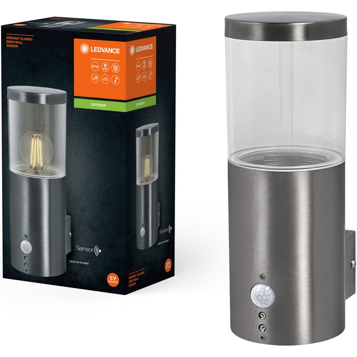 Aplica de exterior Ledvance Endura Ebro cu senzor de miscare si lumina, 1xE27, max. 12W LED, IP44, 101x150x260 mm, otel/policarbonat, Gri inchis