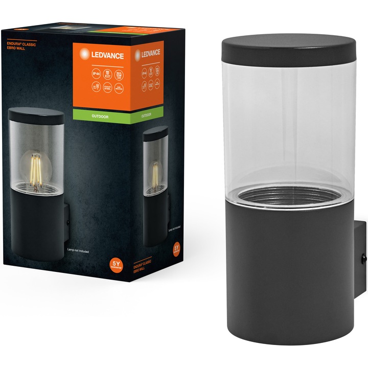 Aplica de exterior Ledvance Endura Ebro, 1xE27, max. 12W LED, IP44, 101x145x230 mm, otel/policarbonat, Gri inchis