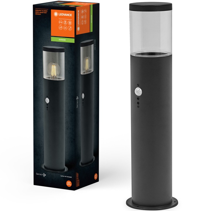 Stalp iluminat exterior Ledvance Endura Ebro cu senzor de miscare si lumina, 1xE27, max. 12W LED, IP44, Ø130x490 mm, otel/policarbonat, Gri inchis