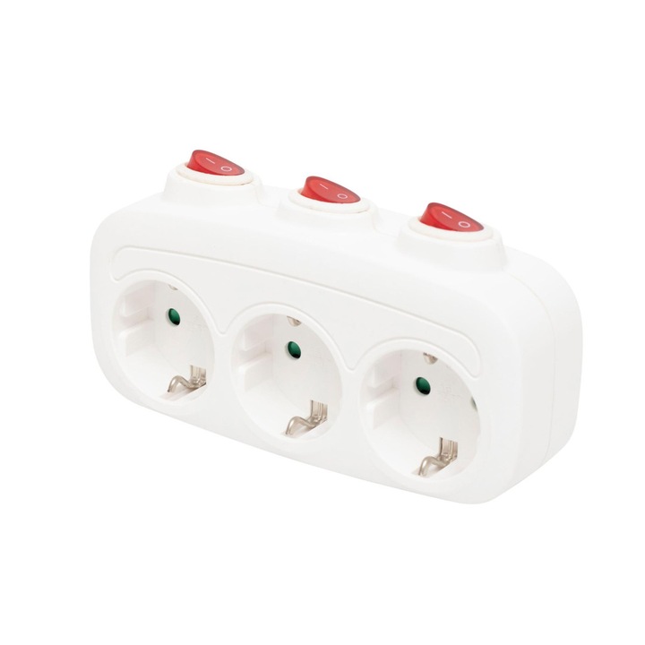 Triplu stecher cu 3 locasuri Home, intrerupator individual, alb