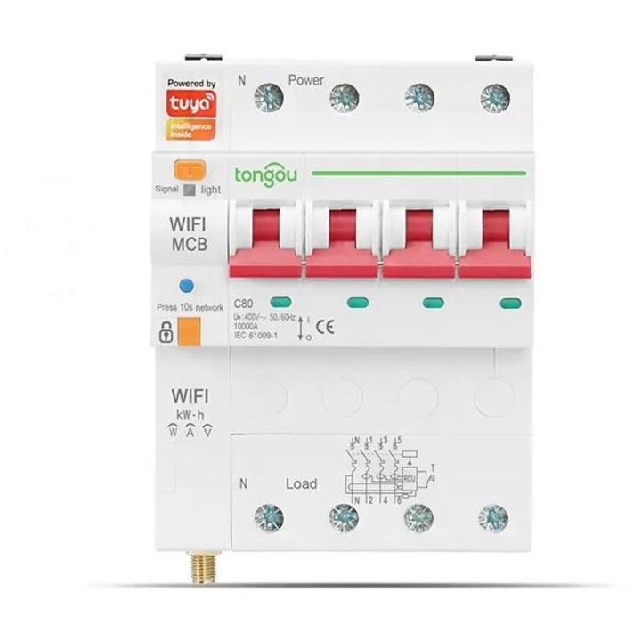 Releu wifi smart trifazic si contor de energie inteligent, WIFI TUYA, 4P 80A, 4 poli, 3P+N, reglabil, protectie supratensiune si suprasarcina, scurgeri de curent