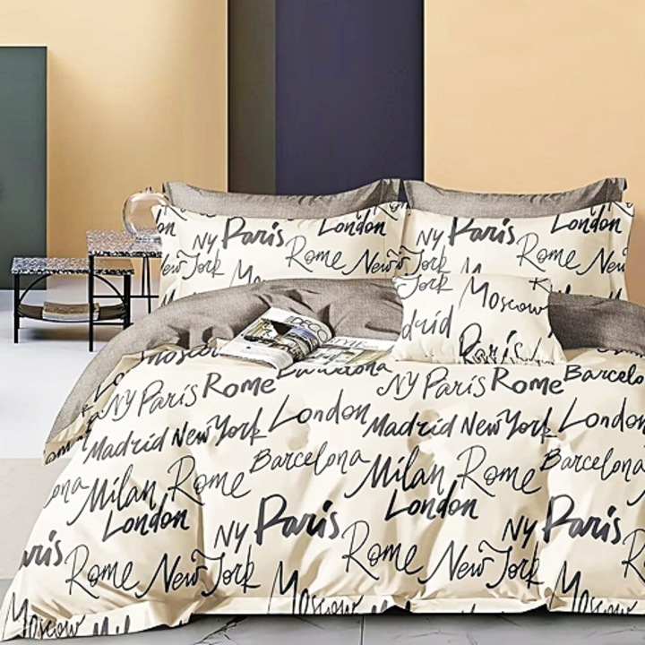 Lenjerie de pat Percale, 100% bumbac, 4 piese, pentru pat dublu, 240x260cm, multicolor, Pucioasa, PRC74