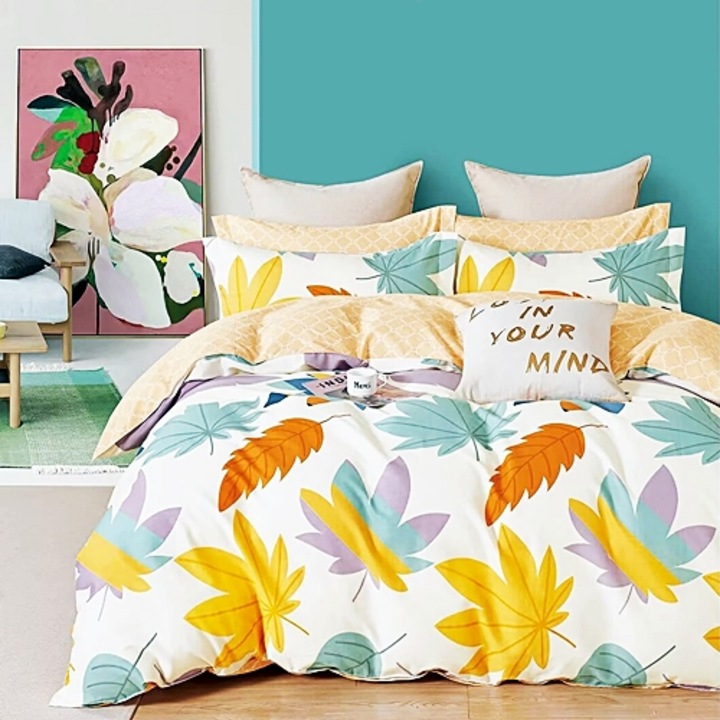 Lenjerie de pat Percale, 100% bumbac, 4 piese, pentru pat dublu, 240x260cm, multicolor, Pucioasa, PRC78