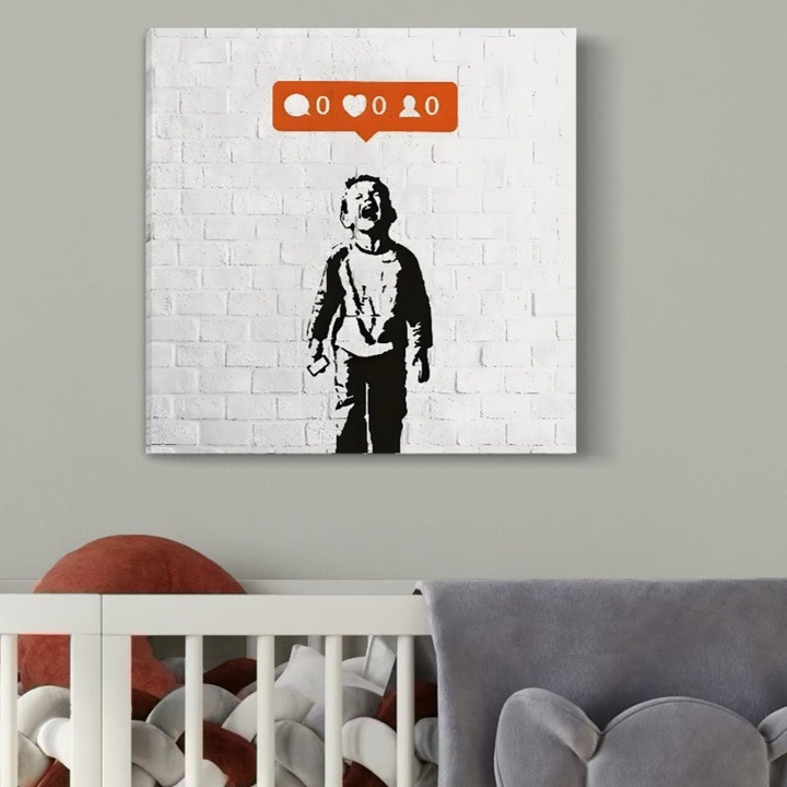 Премиум Платно за Картини, LuxCanva® C1110, Пристрастяване към социалните мрежи, 100 X 100 CM, Платно 100% Памук 400гр/м2, Дървена Рамка, Дете, Усмивка, Игрална Стая, Бар, Релаксация, Живи Цветове