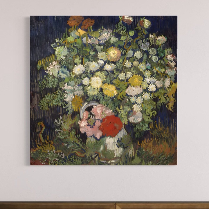 Премиум Канава Картина, LuxCanva® A1397, Цветя във ваза, 100 X 100 СМ, Платно 100% Памук 400гр/м2, Дървена подрамка, Стая, Картина, Хризантеми, Хол, Живи цветове