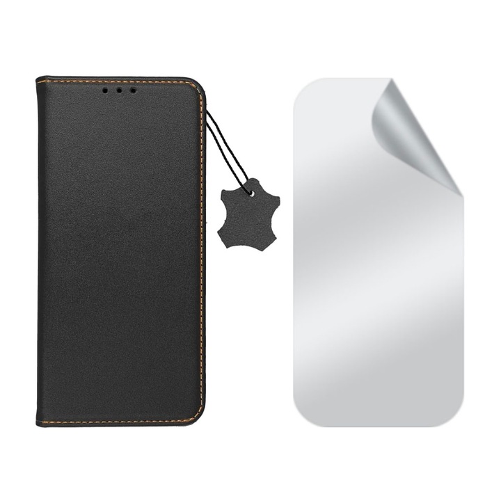 Átlátszó, regenerálható hidrogél fóliakészlet és természetes bőrből készült kihajtható tok Samsung Galaxy S24 Plus készülékhez, prémium anyagok, nagy átlátszóság, kiváló minőség, állvány funkció, mágneses záródás, kijelző és hátlap, fekete