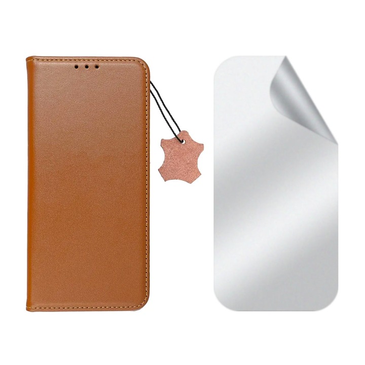 Matt regenerálható hidrogél fólia készlet és természetes bőr kihajtható tok Samsung Galaxy S24 Ultra készülékhez, prémium anyagok, kártyatartó zseb, ujjlenyomat-mentes, kiváló minőség, állvány funkció, mágneses záródás, kijelző és hátlap, barna