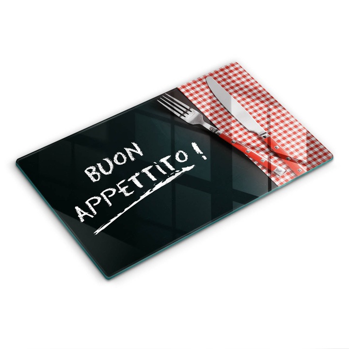 Dekoratív üveg, Wallfluent, A Buon Appetito Felirat mondat!, Fekete, 52x30 cm