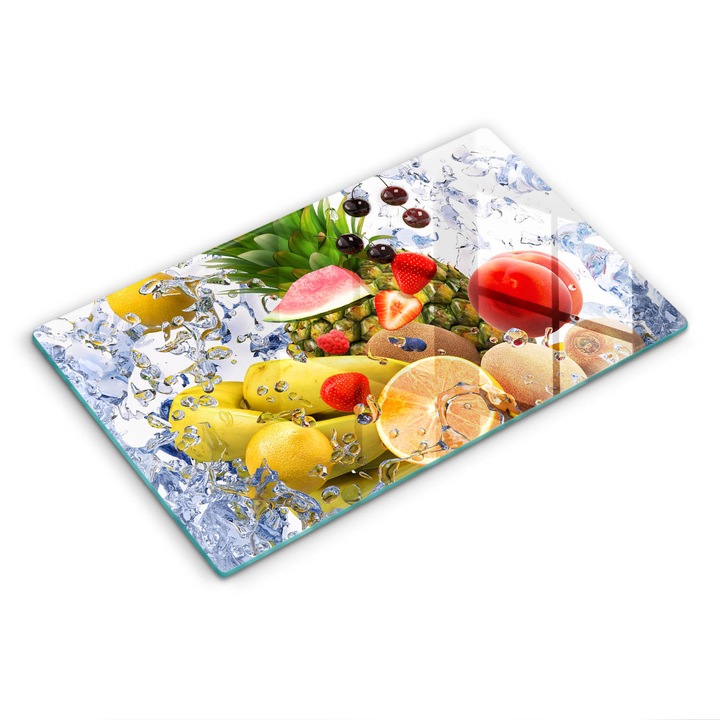 Placa sticla securizata, Wallfluent, protectie perete/plita/blat bucatarie, 52x30 cm, Fructe suculente si apa, Multicolor, 010010530060000007103