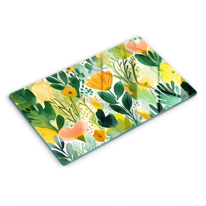 Dekoratív üveg, Wallfluent, Festett virágok, Zöld, 52x30 cm