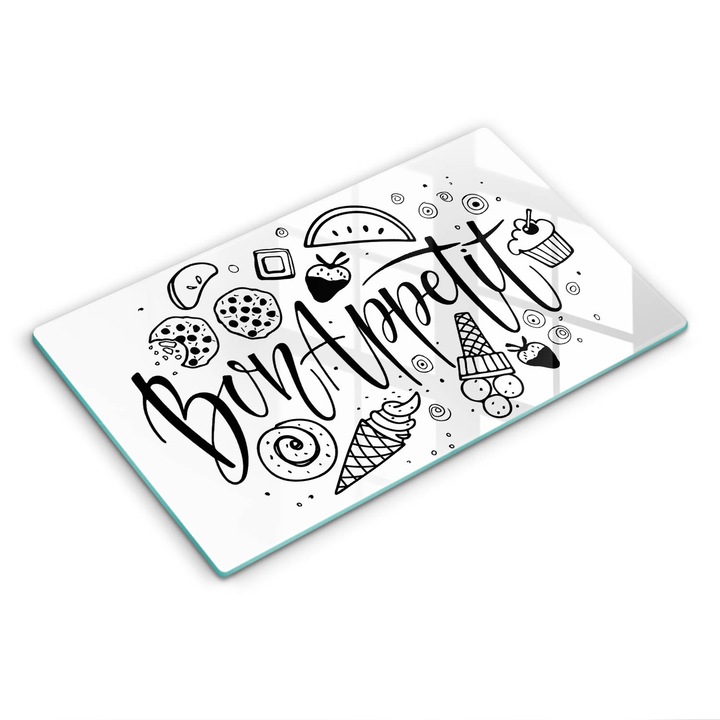 Placa sticla securizata, Wallfluent, protectie perete/plita/blat bucatarie, 52x30 cm, Inscriptia bon apetit, Alb, 010010530060000274555