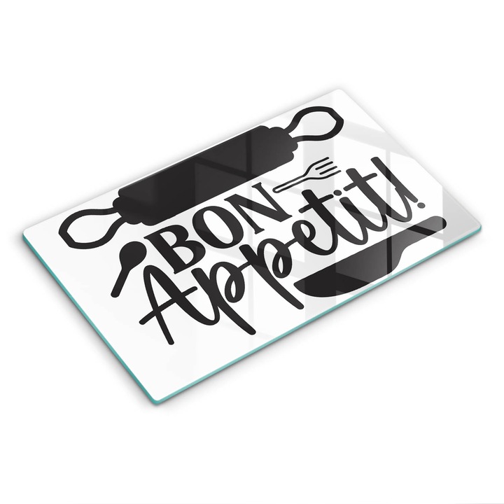 Dekoratív üveg, Wallfluent, Bon Appetit Felirat mondat, fekete fehér mintás, 52x30 cm