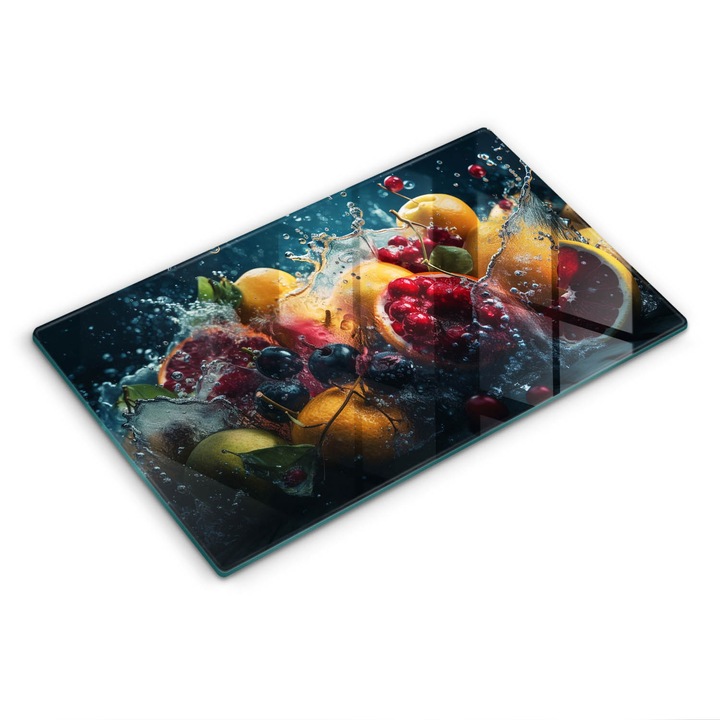 Placa sticla securizata, Wallfluent, protectie perete/plita/blat bucatarie, 52x30 cm, Fructe in apa, Multicolor, 010010530060000274978