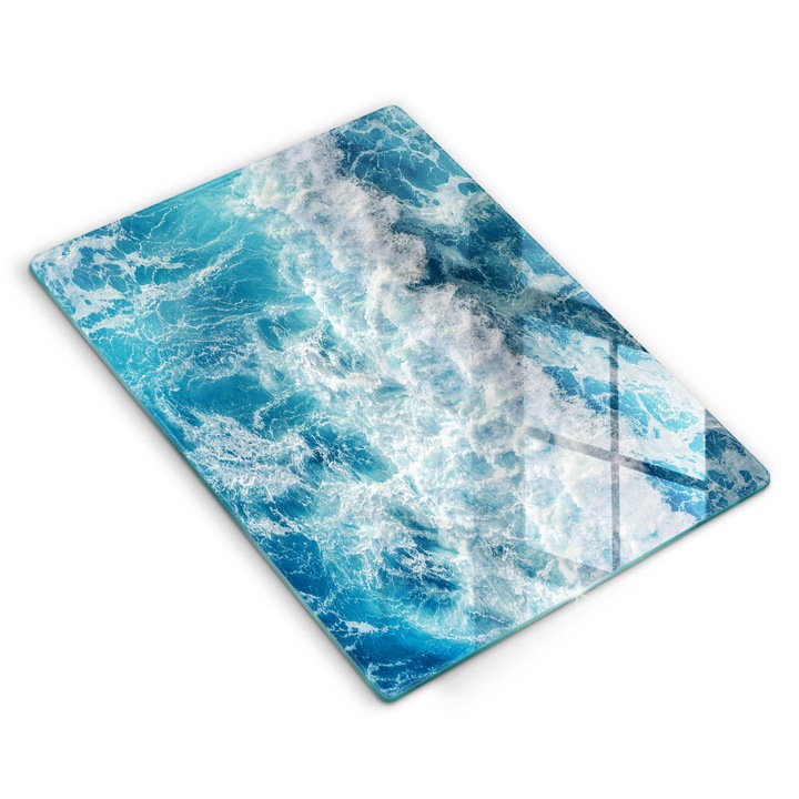 Placa sticla securizata, Wallfluent, protectie perete/plita/blat bucatarie, 40x52 cm, Valuri de apa de mare, Albastru, 010010530070000275147