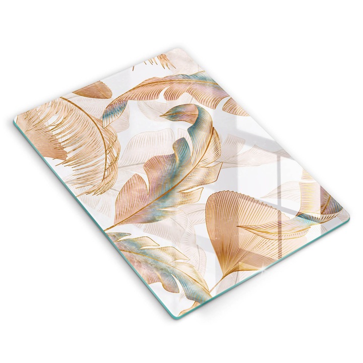 Dekoratív üveg, Wallfluent, Boho tollak és levelek, Bézs, 40x52 cm