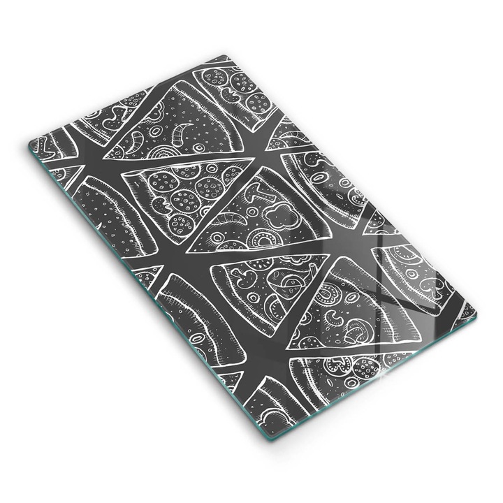 Dekoratív üveg, Wallfluent, Pizza illusztráció, fekete fehér mintás, 30x52 cm