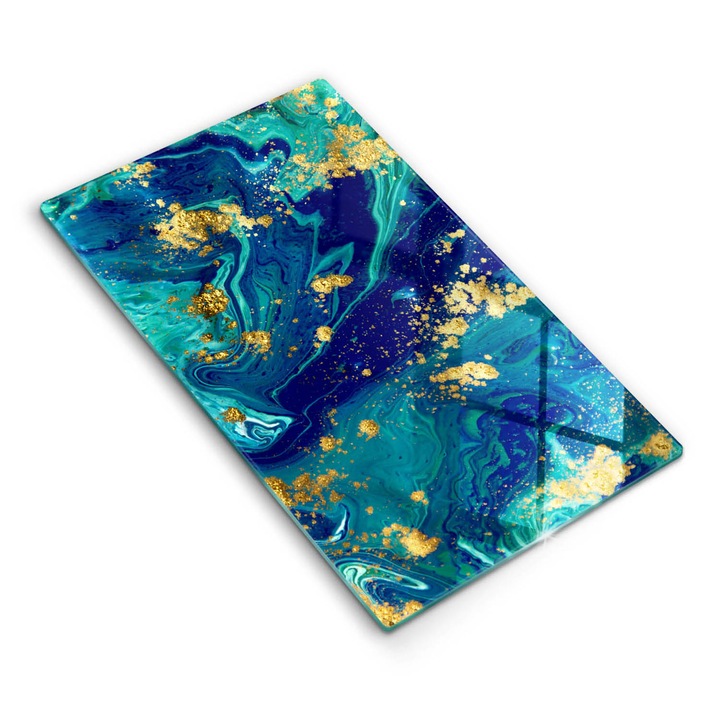 Dekoratív üveg, Wallfluent, Absztrakció arannyal, Kék, 30x52 cm