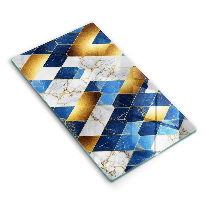 Dekoratív üveg, Wallfluent, Arany márványrombuszok, Kék, 30x52 cm