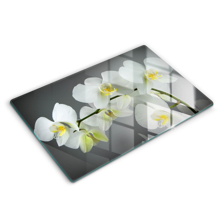 Tocatoare de bucatarie, Wallfluent, din sticla, 80x52 cm, Flori de orhidee albe, Gri, 010010520060000077175