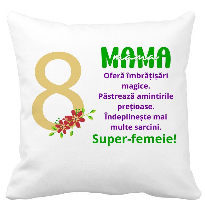 Dekoratív párna üzenettel anyának - március 8., 40x40 cm, Matt fehér, Levehető huzat, Fújtató