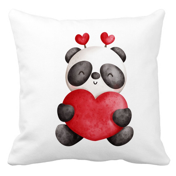 Panda Bear díszpárna szívvel, Valentin napi mintával, 40x40 cm, matt fehér, levehető huzat, fújtató