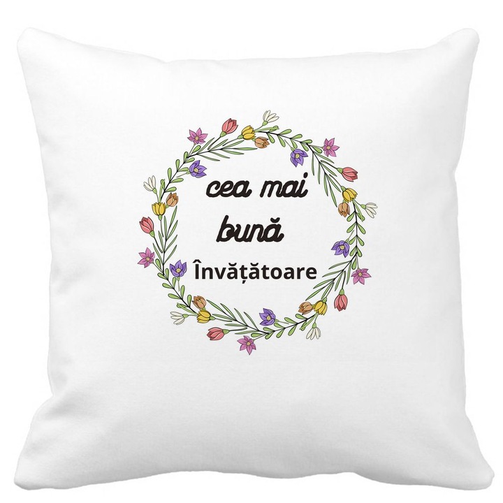 Perna Decorativa cu Text pentru Doamna Invatatoare 1, 40x40 cm, Alb Mat, Husa Detasabila, Burduf