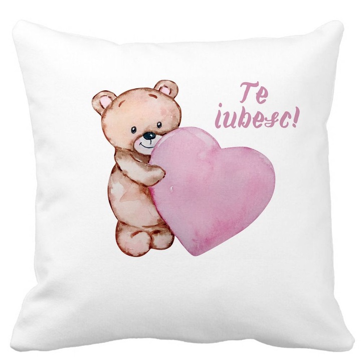 Dekoratív párnamackó szívvel - Szeretlek, Valentin napi modell, 40x40 cm, Matt fehér, Levehető huzat, Fújtató