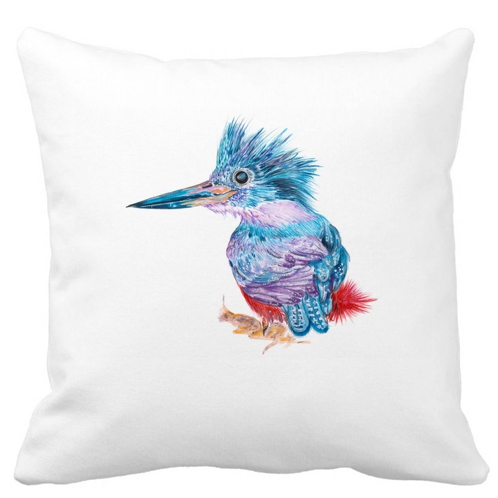 Dekoratív párna Tarka madárral, 40x40 cm, Matt fehér, Levehető huzat