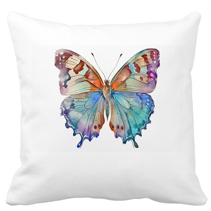 Többszínű Butterfly dekoratív párna, 40x40 cm, matt fehér, levehető huzat, fújtató