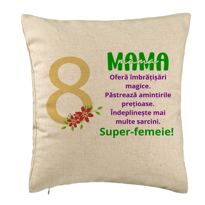 Dekoratív párna üzenettel anyának - március 8., 40x40 cm, bézs, levehető huzat, fújtató