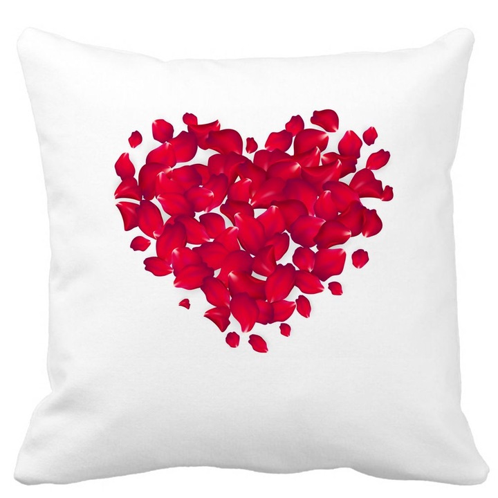 Dekoratív párna szívvel, Valentin-napi mintával, 40x40 cm, Matt fehér, Levehető huzat, Fújtató