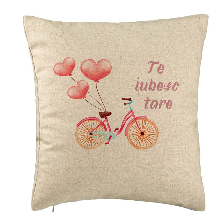 Dekoratív párna I Love You, Valentin napi modell, 40x40 cm, bézs, levehető huzat, fújtató