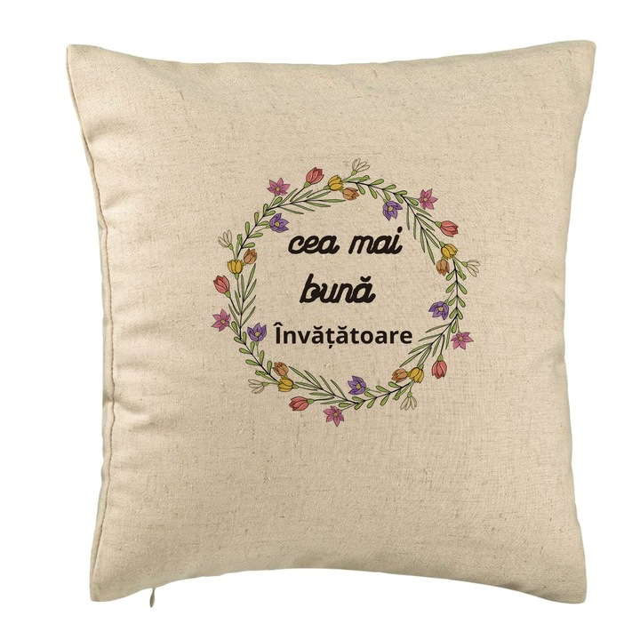 Dekoratív párna szöveggel tanárnőnek 1, 40x40 cm, bézs, levehető huzat, fújtató